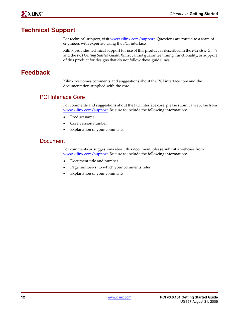 Technical support, Feedback, Pci interface core | Document, Pci interface core document | Xilinx LogiCore PCI v3.0 User Manual | Page 12 / 58