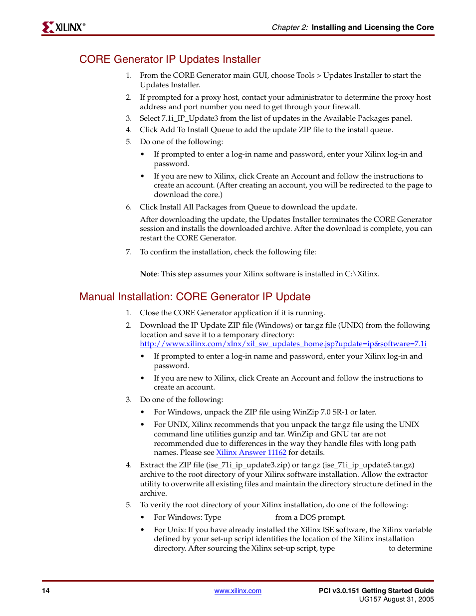 Core generator ip updates installer, Manual installation: core generator ip update | Xilinx LogiCore PCI v3.0 User Manual | Page 14 / 58