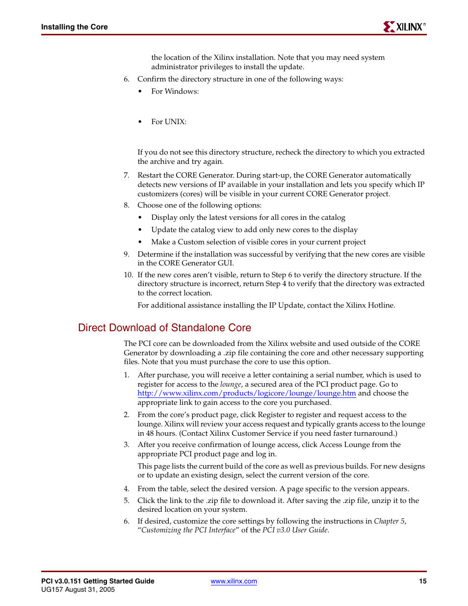 Direct download of standalone core | Xilinx LogiCore PCI v3.0 User Manual | Page 15 / 58