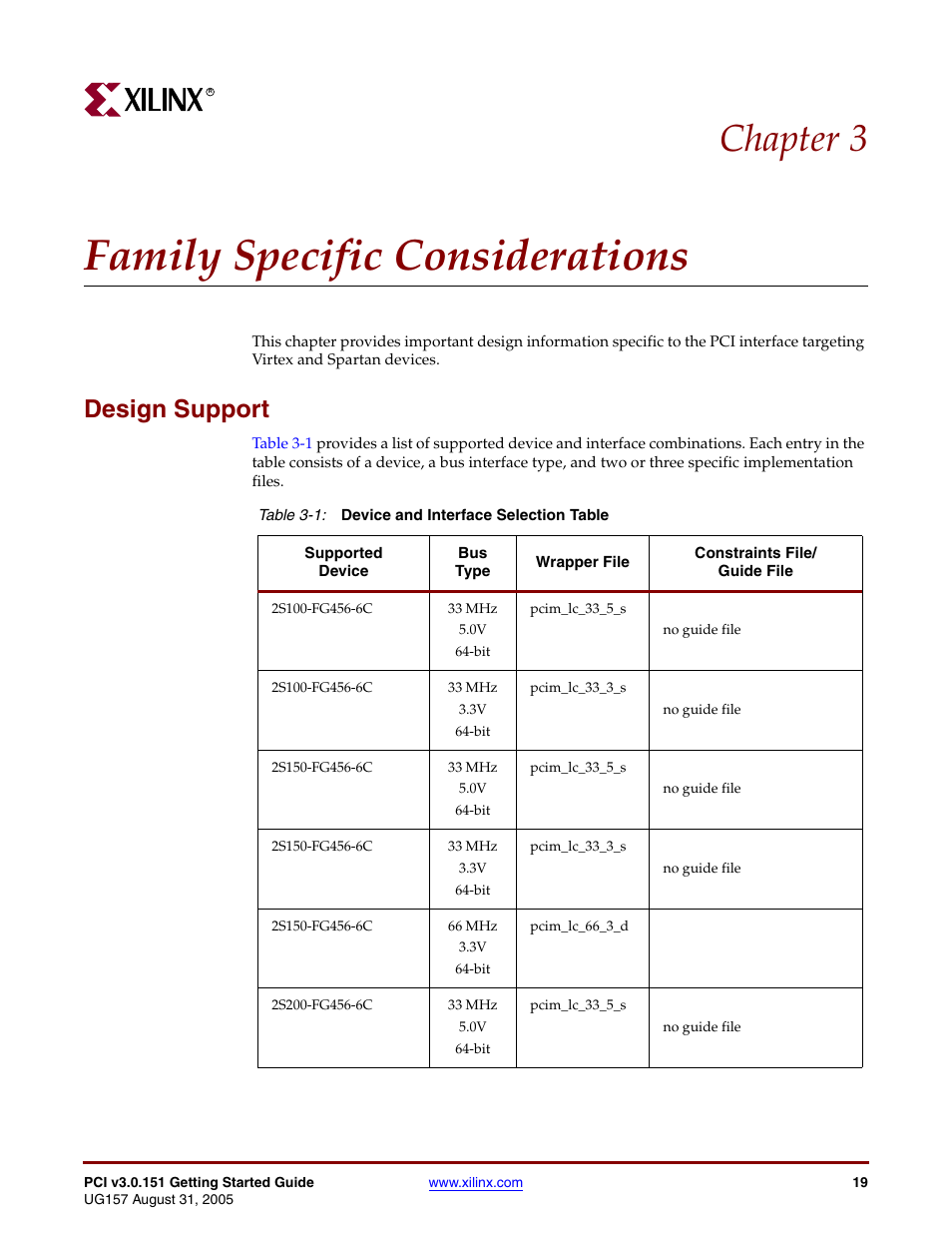 Family specific considerations, Design support, Chapter 3: family specific considerations | Chapter 3, “family specific considerations, Chapter 3 | Xilinx LogiCore PCI v3.0 User Manual | Page 19 / 58