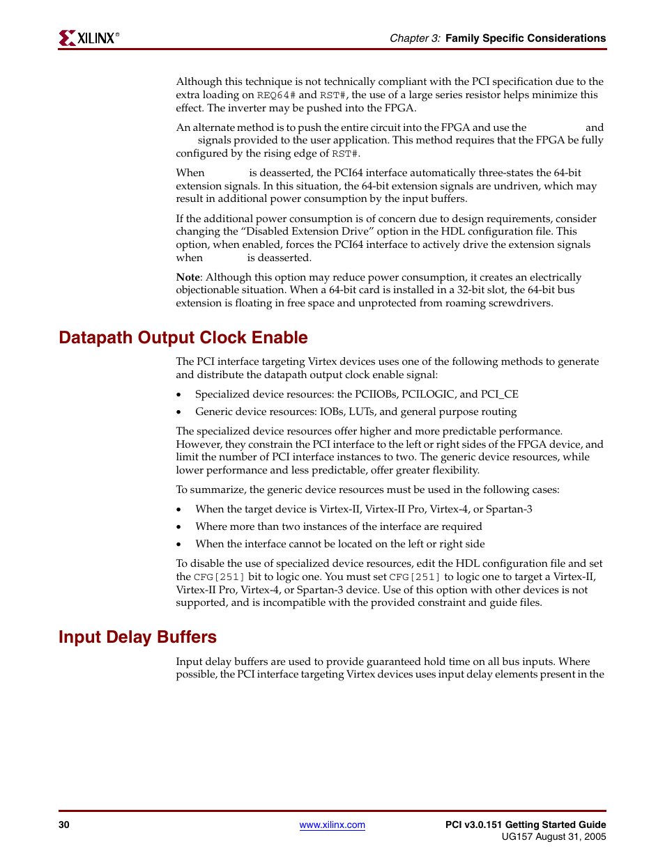 Datapath output clock enable, Input delay buffers | Xilinx LogiCore PCI v3.0 User Manual | Page 30 / 58