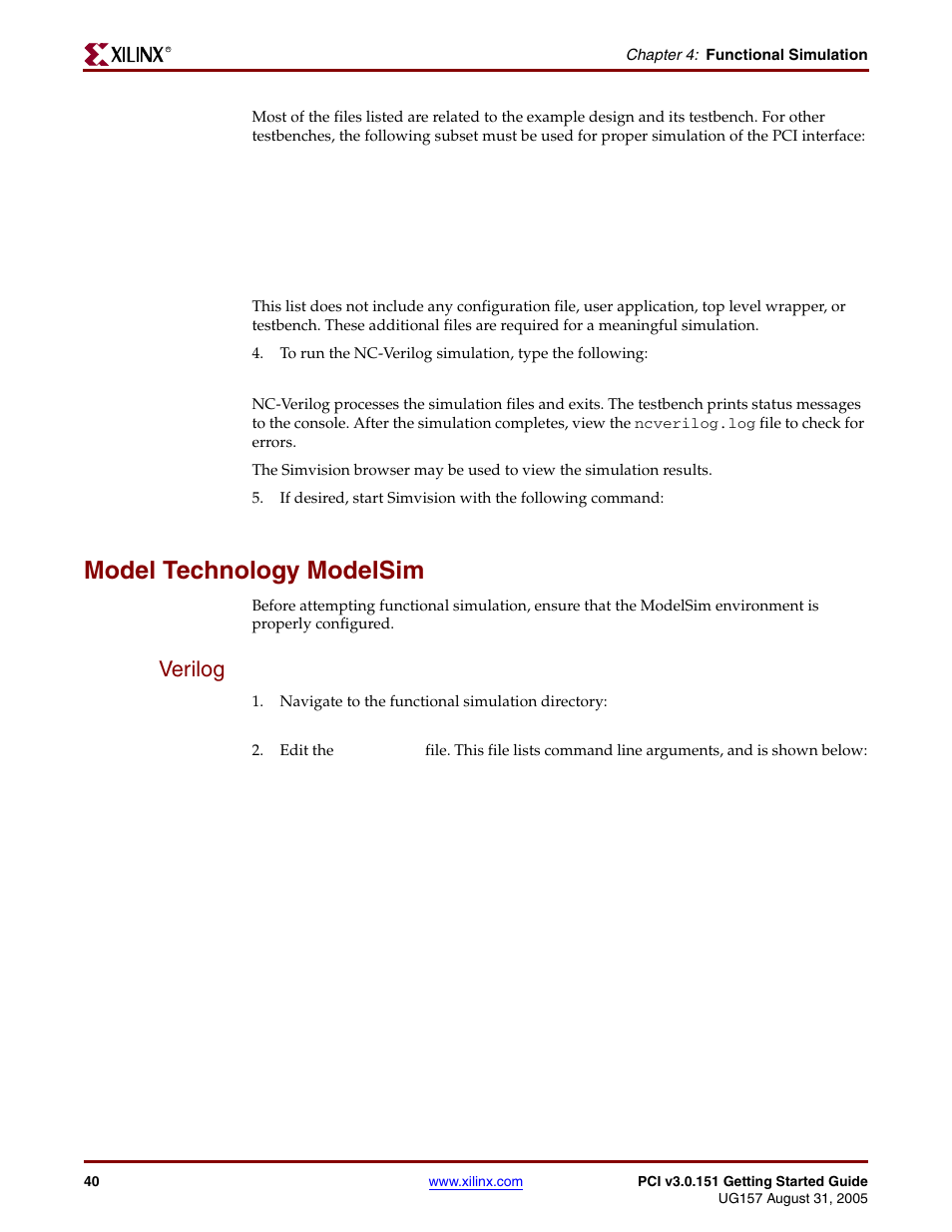 Model technology modelsim, Verilog | Xilinx LogiCore PCI v3.0 User Manual | Page 40 / 58