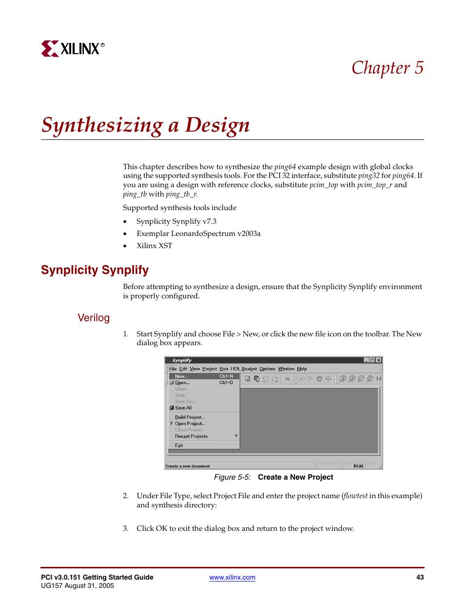 Synthesizing a design, Synplicity synplify, Verilog | Chapter 5: synthesizing a design, Chapter 5, “synthesizing a design, Chapter 5 | Xilinx LogiCore PCI v3.0 User Manual | Page 43 / 58