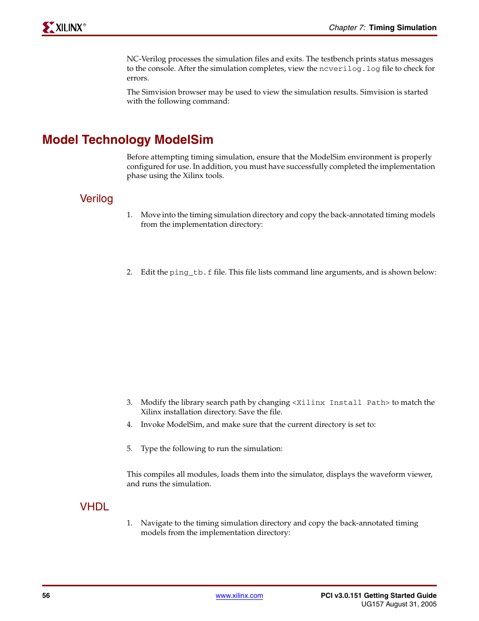 Model technology modelsim, Verilog, Vhdl | Verilog vhdl | Xilinx LogiCore PCI v3.0 User Manual | Page 56 / 58