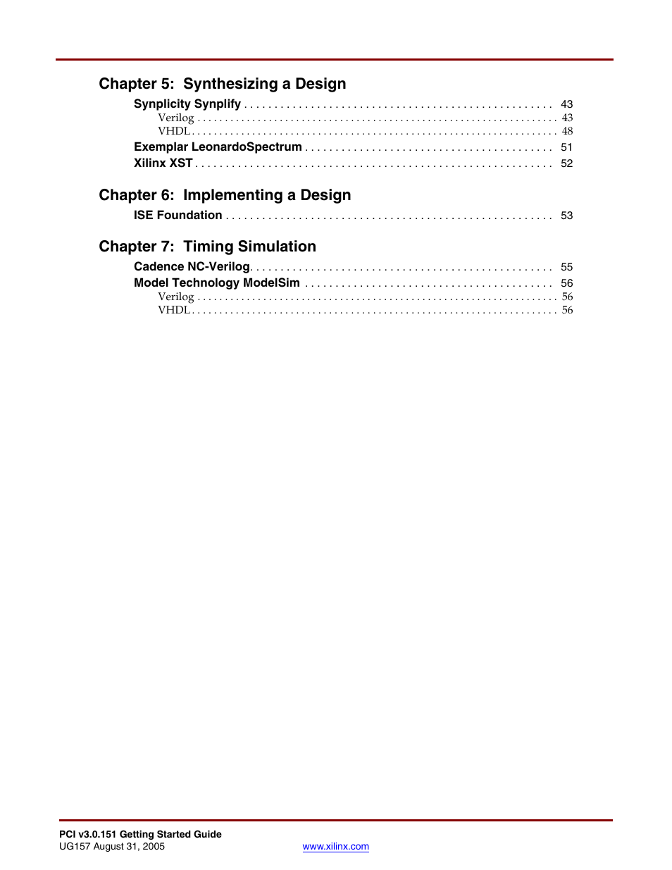 Chapter 5: synthesizing a design, Chapter 6: implementing a design, Chapter 7: timing simulation | Xilinx LogiCore PCI v3.0 User Manual | Page 6 / 58