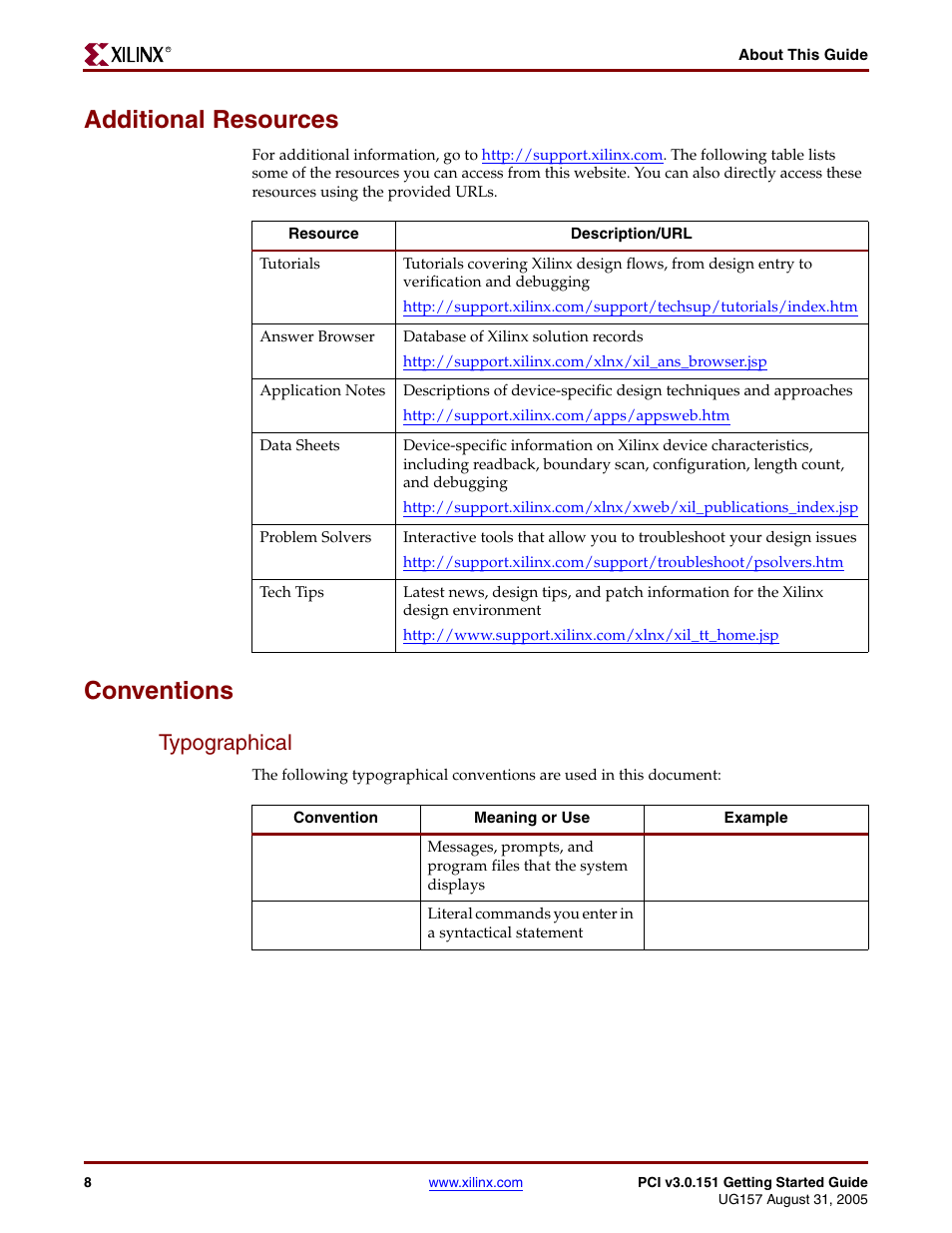 Additional resources, Conventions, Typographical | Xilinx LogiCore PCI v3.0 User Manual | Page 8 / 58