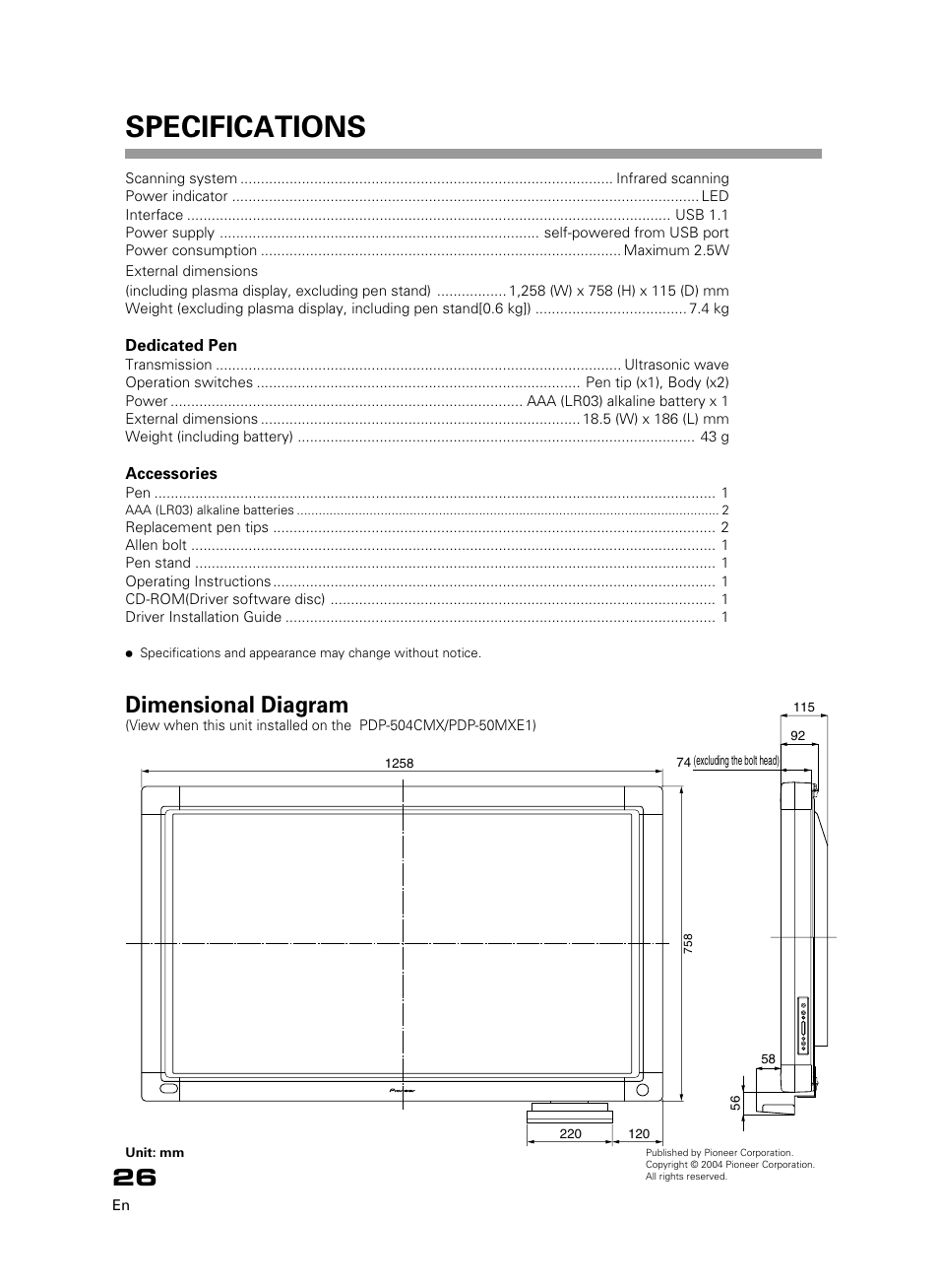 Specifications, Dimensional diagram | Pioneer PDK-50HW3 User Manual | Page 13 / 99