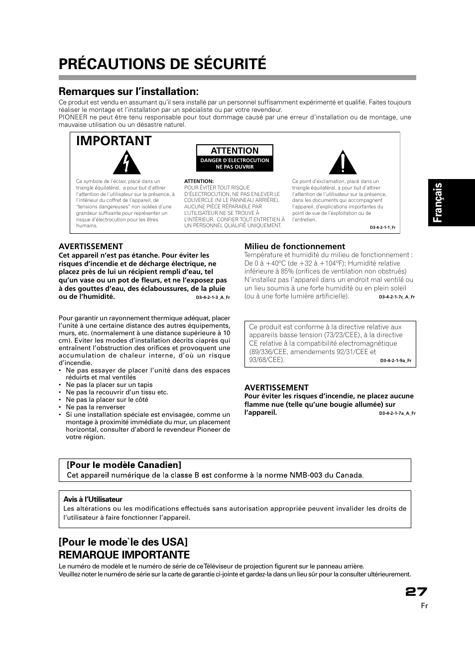Précautions de sécurité, Important, Français | Remarques sur l’installation, Pour le mode`le des usa] remarque importante | Pioneer PDK-50HW3 User Manual | Page 14 / 99