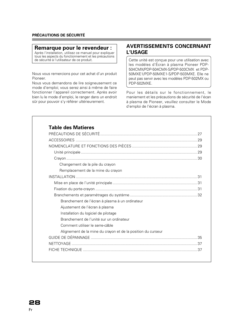 Remarque pour le revendeur, Table des matieres, Avertissements concernant l’usage | Pioneer PDK-50HW3 User Manual | Page 15 / 99