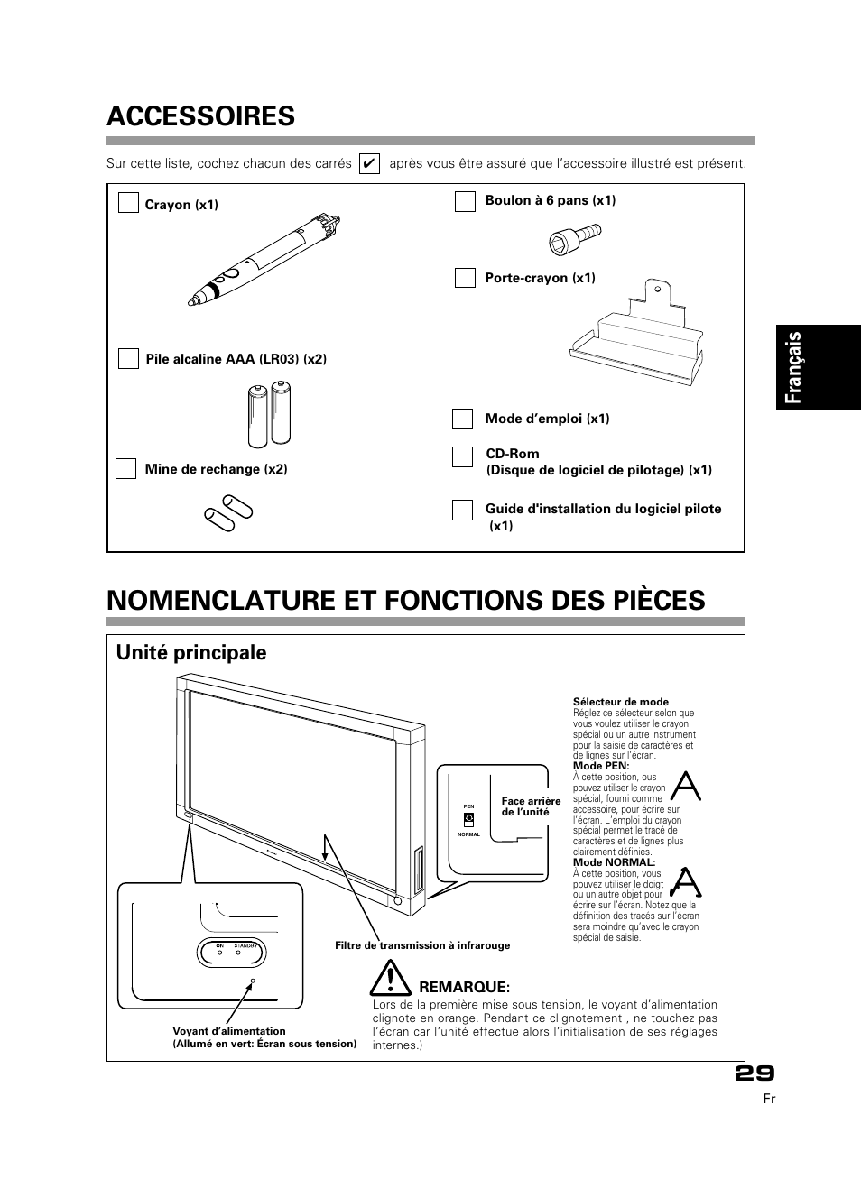 Accessoires nomenclature et fonctions des pièces, Fran çais, Unité principale | Pioneer PDK-50HW3 User Manual | Page 16 / 99