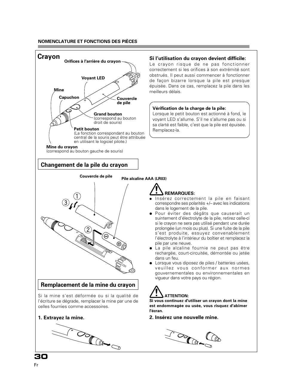 Crayon, Changement de la pile du crayon, Remplacement de la mine du crayon | Pioneer PDK-50HW3 User Manual | Page 17 / 99