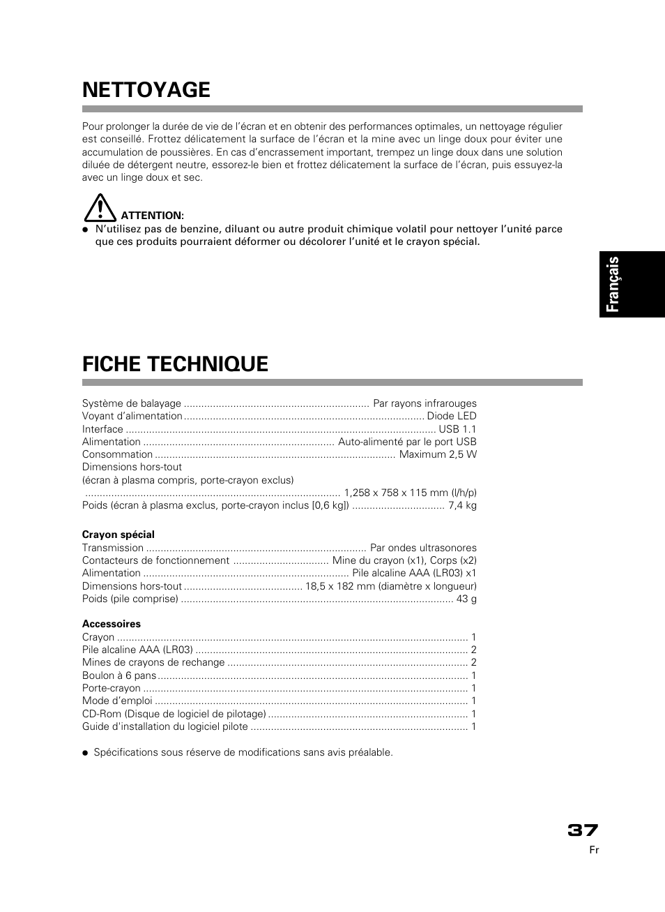 Fiche technique, Nettoyage, Fran çais | Pioneer PDK-50HW3 User Manual | Page 24 / 99