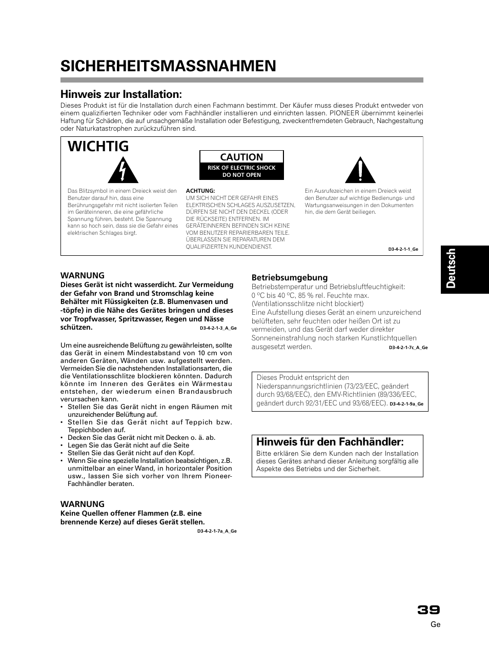 Sicherheitsmassnahmen, Wichtig, Deutsch | Hinweis für den fachhändler, Hinweis zur installation, Caution | Pioneer PDK-50HW3 User Manual | Page 26 / 99