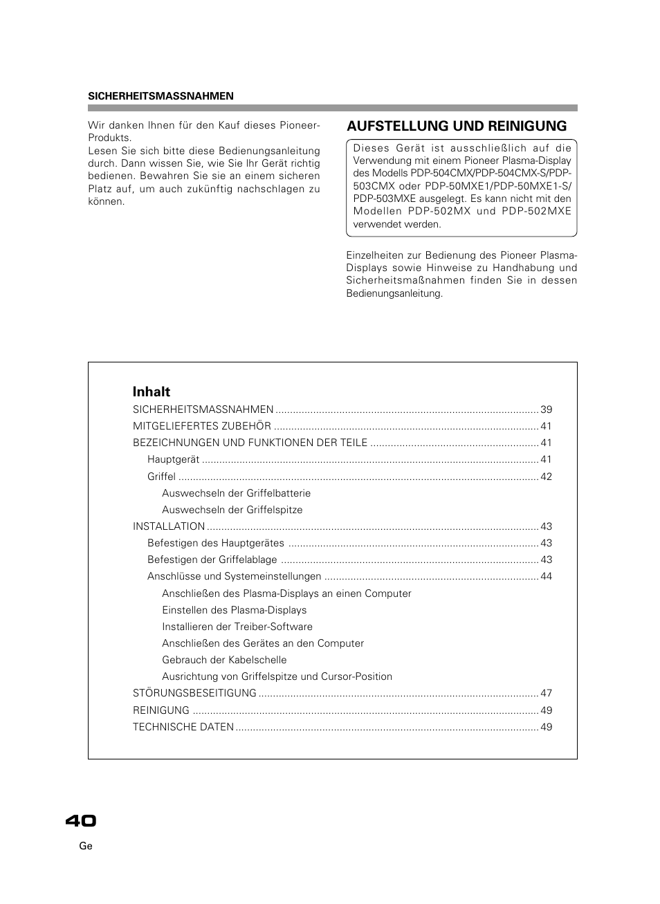 Inhalt, Aufstellung und reinigung | Pioneer PDK-50HW3 User Manual | Page 27 / 99