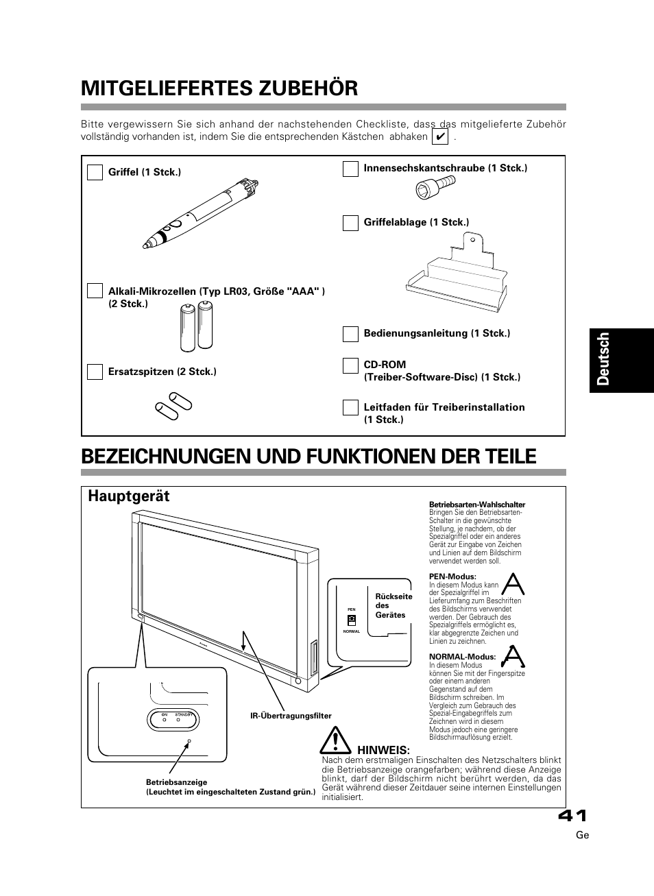 Deutsch, Hauptgerät | Pioneer PDK-50HW3 User Manual | Page 28 / 99