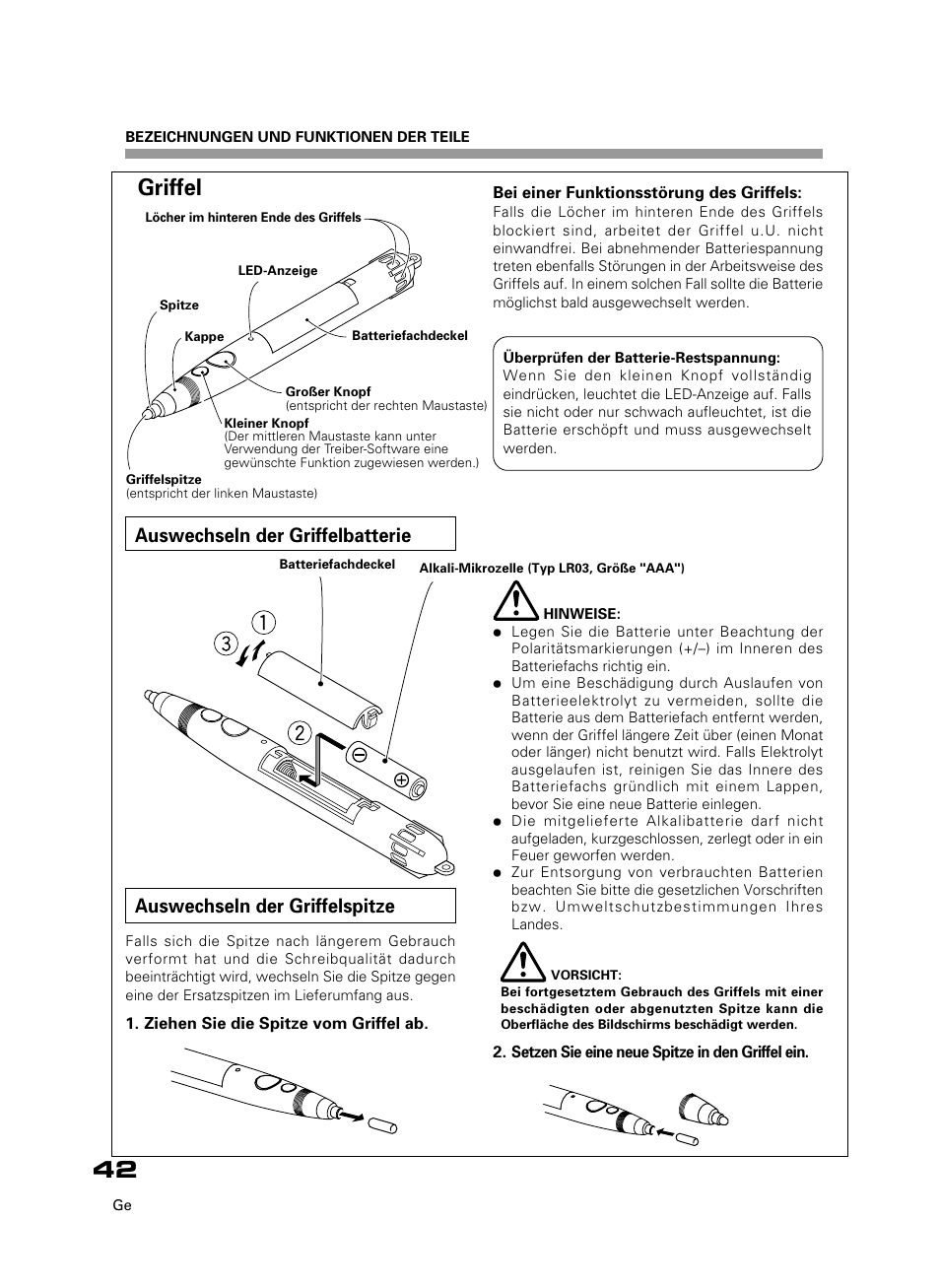 Griffel, Auswechseln der griffelbatterie, Auswechseln der griffelspitze | Pioneer PDK-50HW3 User Manual | Page 29 / 99