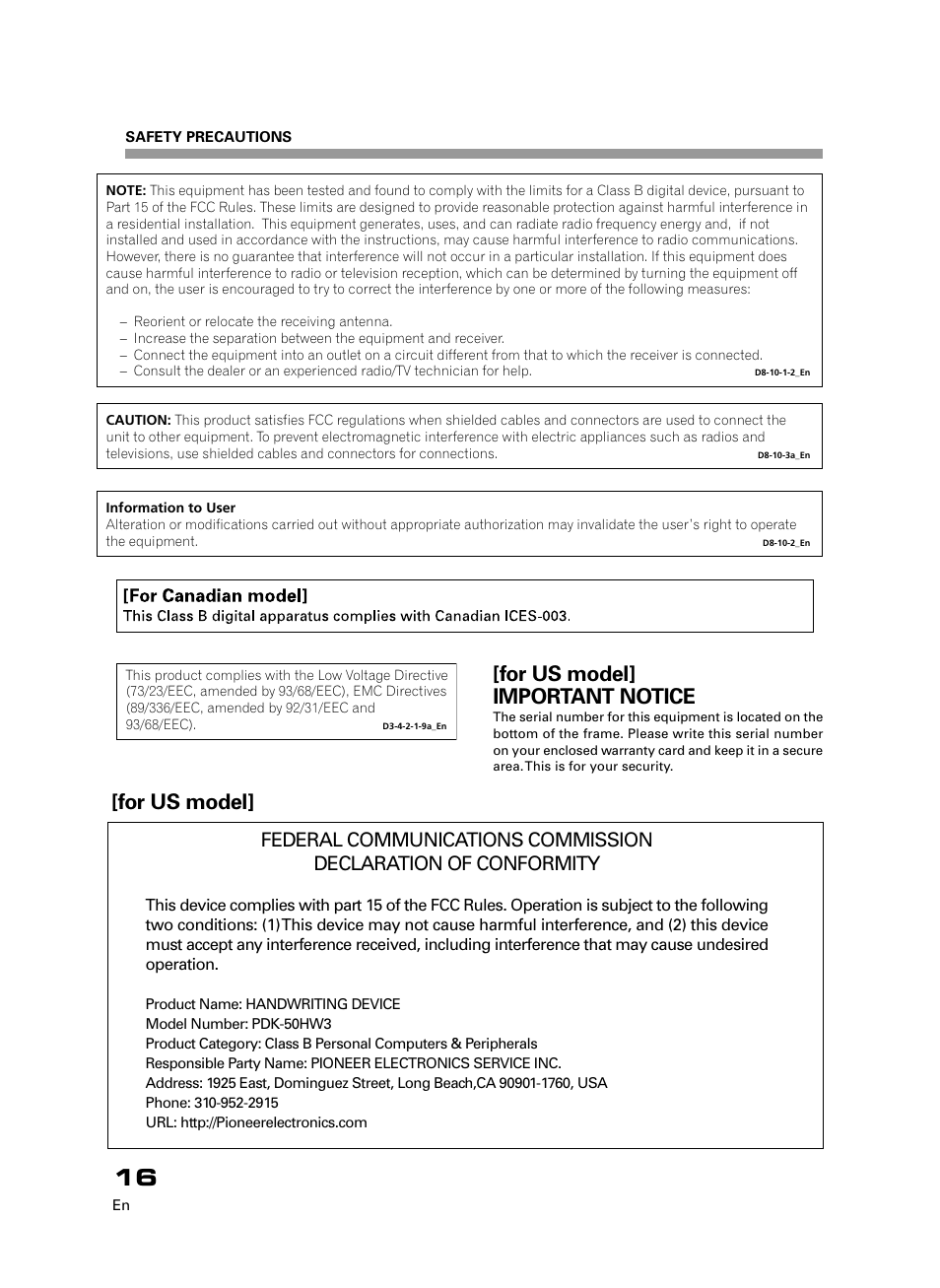 For us model, For us model] important notice | Pioneer PDK-50HW3 User Manual | Page 3 / 99