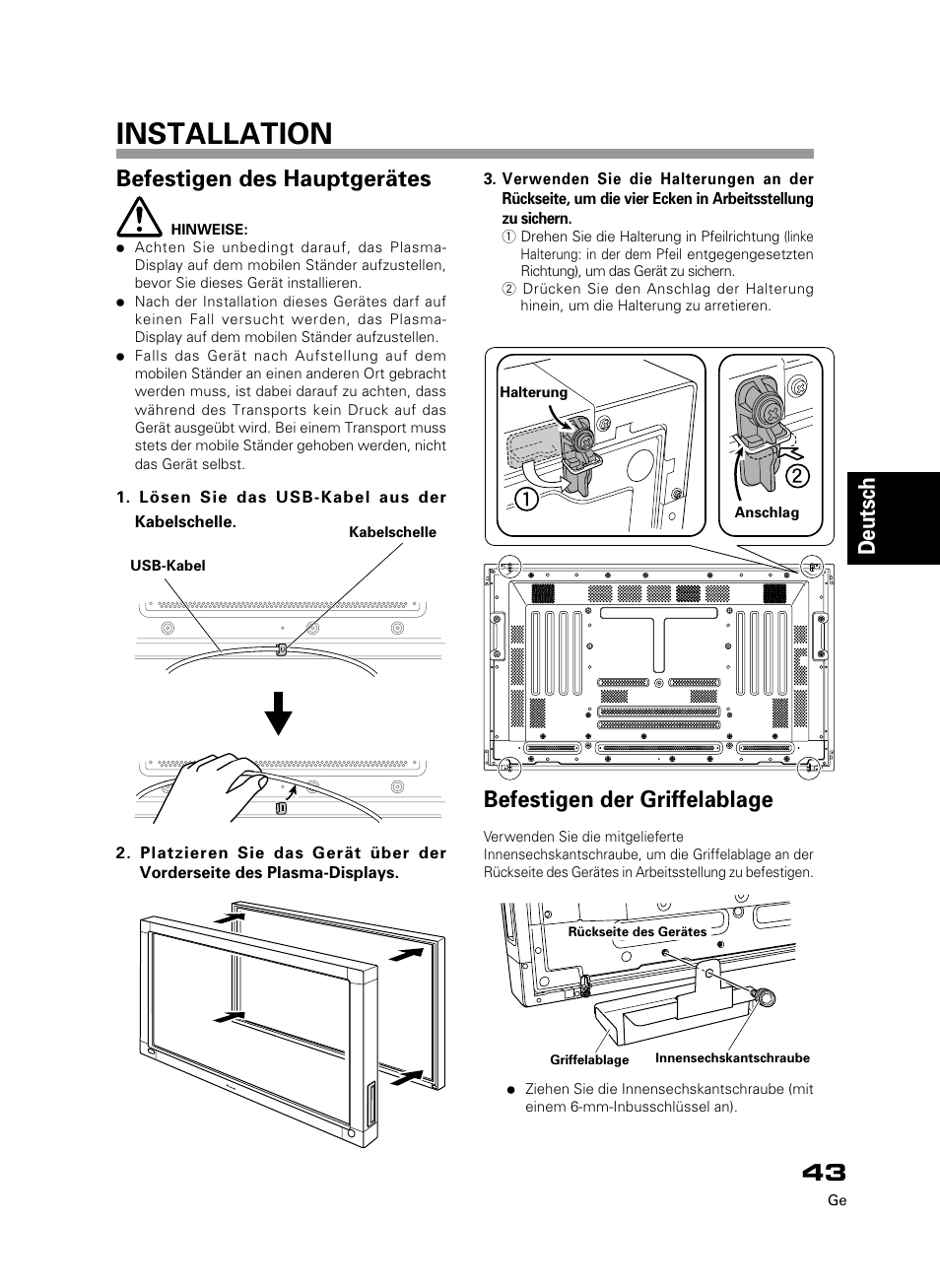 Installation, Deutsch, Befestigen des hauptgerätes | Befestigen der griffelablage | Pioneer PDK-50HW3 User Manual | Page 30 / 99