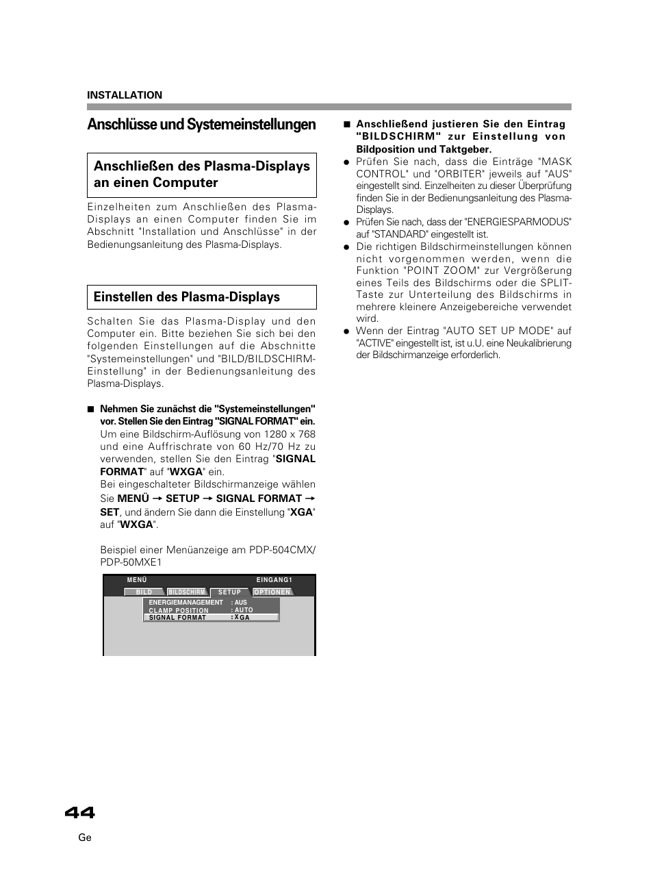 Anschlüsse und systemeinstellungen, Einstellen des plasma-displays, Anschließen des plasma-displays an einen computer | Pioneer PDK-50HW3 User Manual | Page 31 / 99