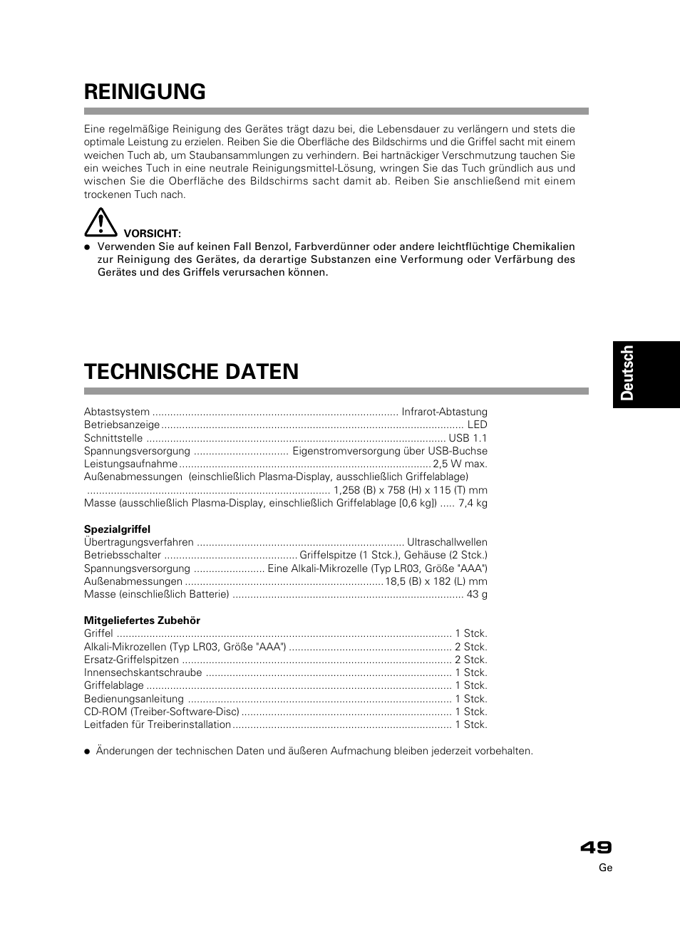 Technische daten, Reinigung, Deutsch | Pioneer PDK-50HW3 User Manual | Page 36 / 99