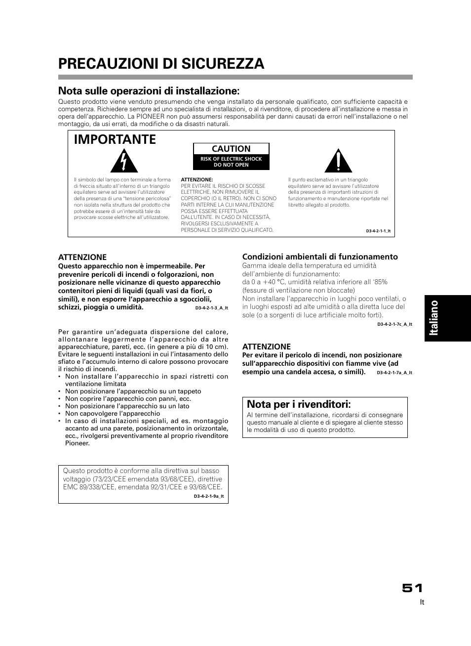 Precauzioni di sicurezza, Importante, Italiano | Nota sulle operazioni di installazione, Nota per i rivenditori | Pioneer PDK-50HW3 User Manual | Page 38 / 99