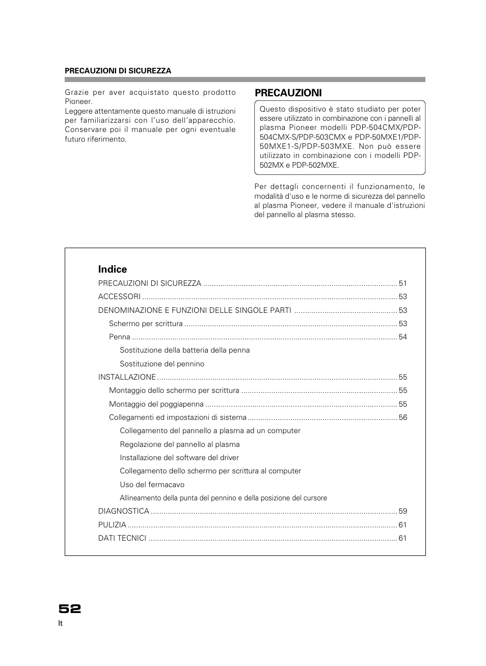 Indice, Precauzioni | Pioneer PDK-50HW3 User Manual | Page 39 / 99