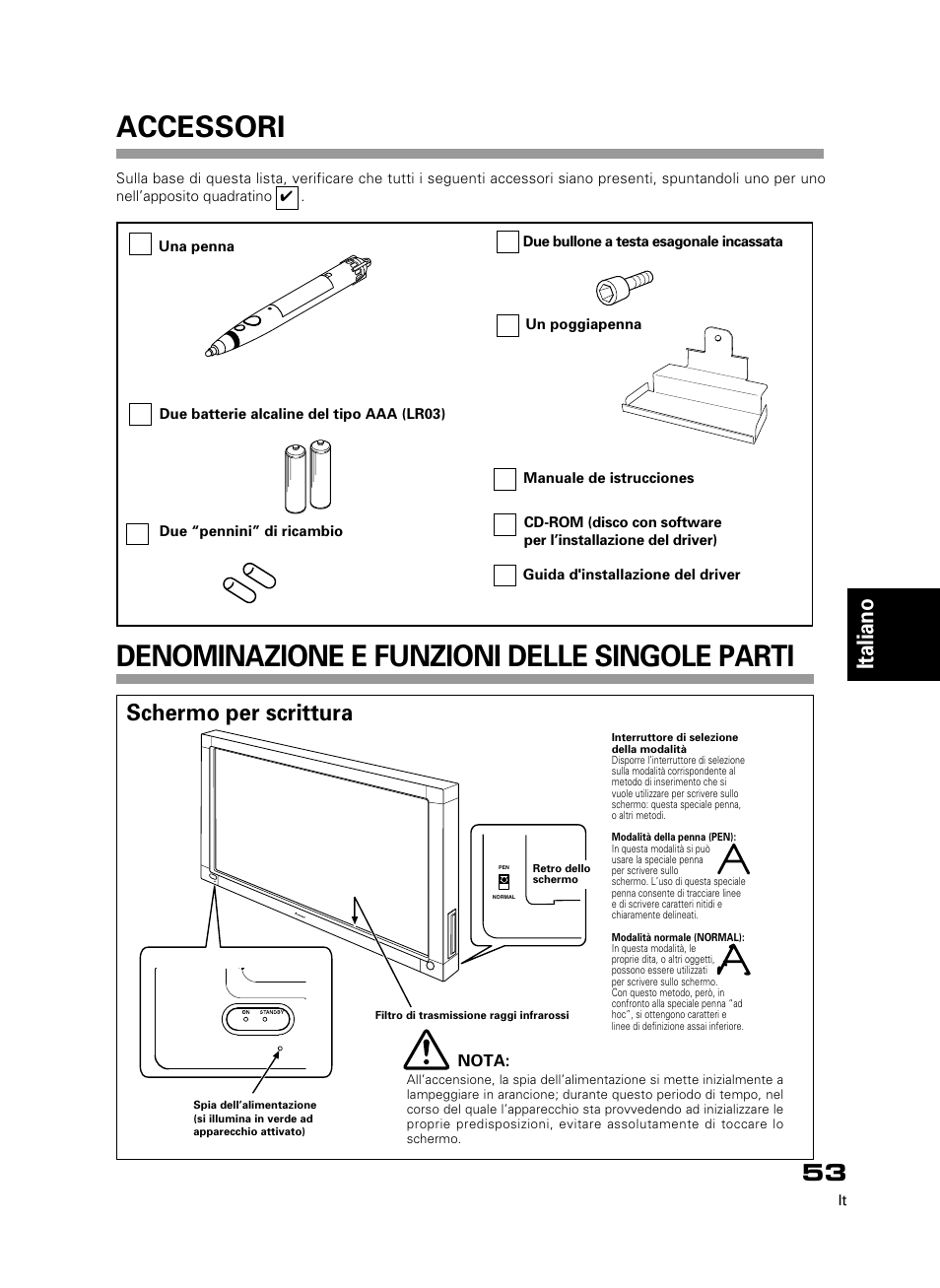 Italiano, Schermo per scrittura | Pioneer PDK-50HW3 User Manual | Page 40 / 99