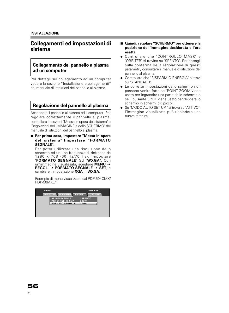 Collegamenti ed impostazioni di sistema, Collegamento del pannello a plasma ad un computer, Regolazione del pannello al plasma | Pioneer PDK-50HW3 User Manual | Page 43 / 99