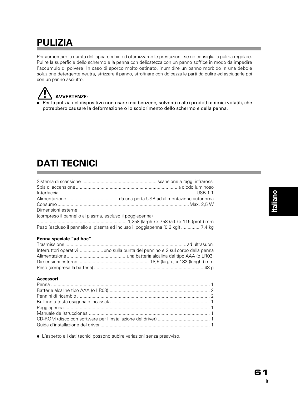 Dati tecnici, Pulizia, Italiano | Pioneer PDK-50HW3 User Manual | Page 48 / 99