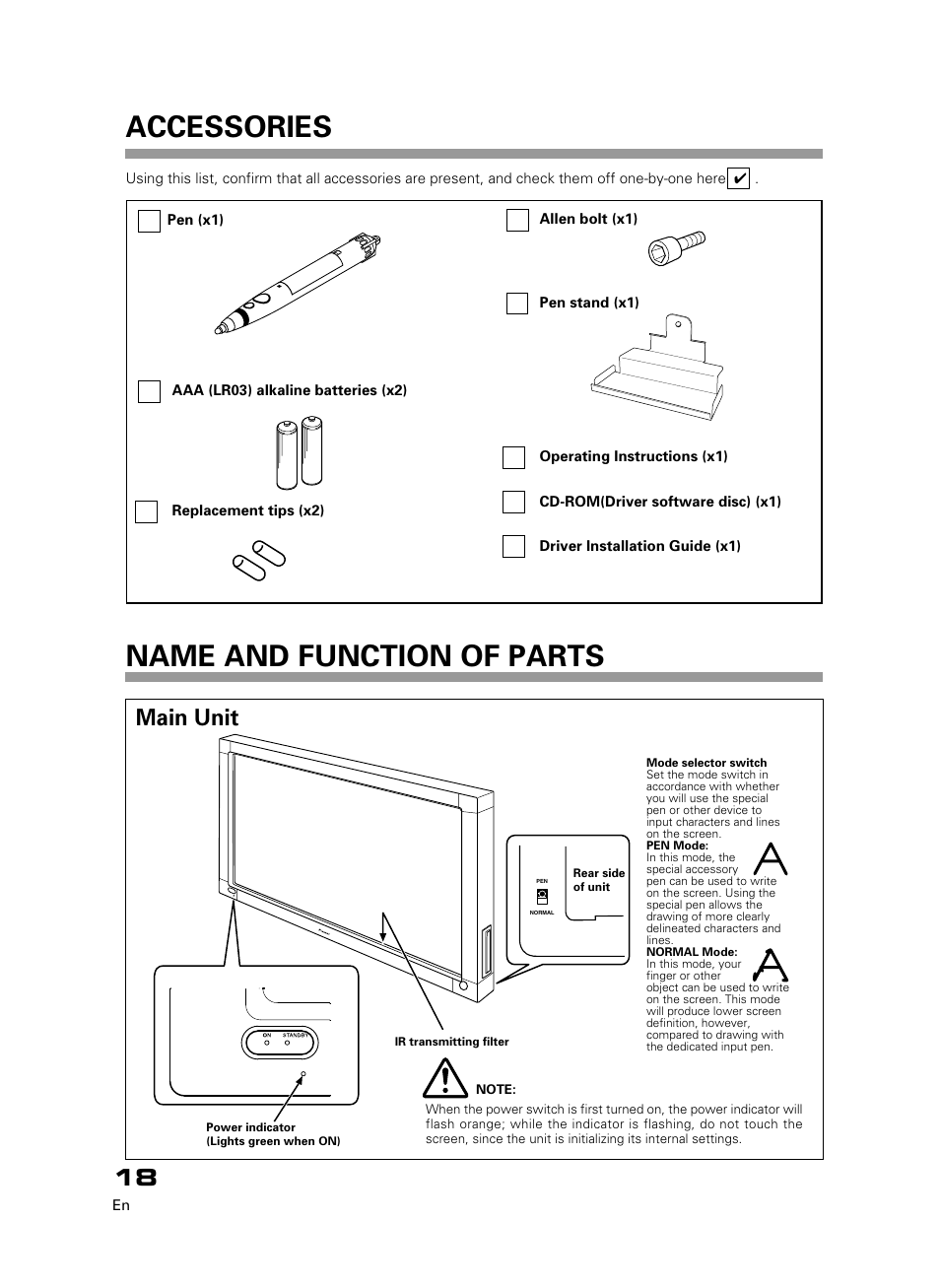 Accessories, Name and function of parts, Main unit | Pioneer PDK-50HW3 User Manual | Page 5 / 99