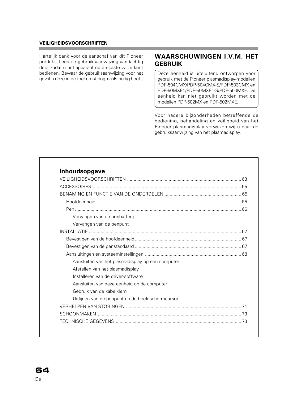 Inhoudsopgave, Waarschuwingen i.v.m. het gebruik | Pioneer PDK-50HW3 User Manual | Page 51 / 99