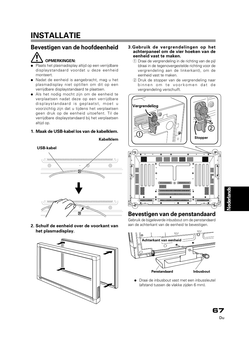 Installatie, Bevestigen van de hoofdeenheid, Bevestigen van de penstandaard | Pioneer PDK-50HW3 User Manual | Page 54 / 99