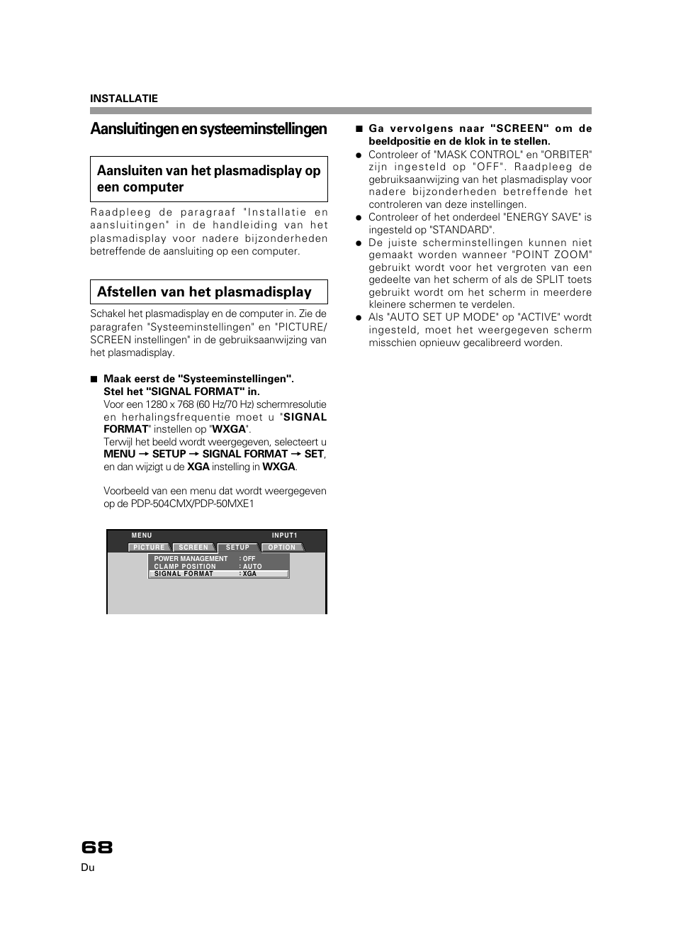 Aansluitingen en systeeminstellingen, Aansluiten van het plasmadisplay op een computer, Afstellen van het plasmadisplay | Pioneer PDK-50HW3 User Manual | Page 55 / 99