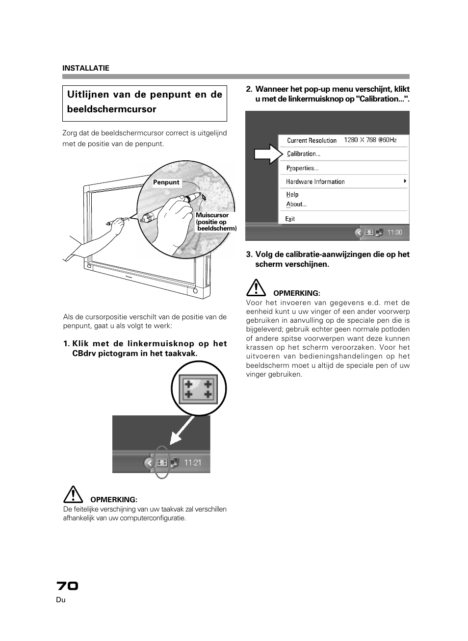 Uitlijnen van de penpunt en de beeldschermcursor | Pioneer PDK-50HW3 User Manual | Page 57 / 99