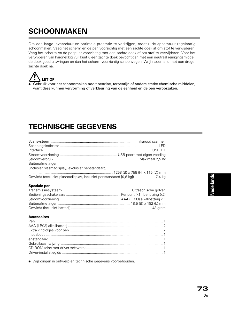 Technische gegevens, Schoonmaken | Pioneer PDK-50HW3 User Manual | Page 60 / 99