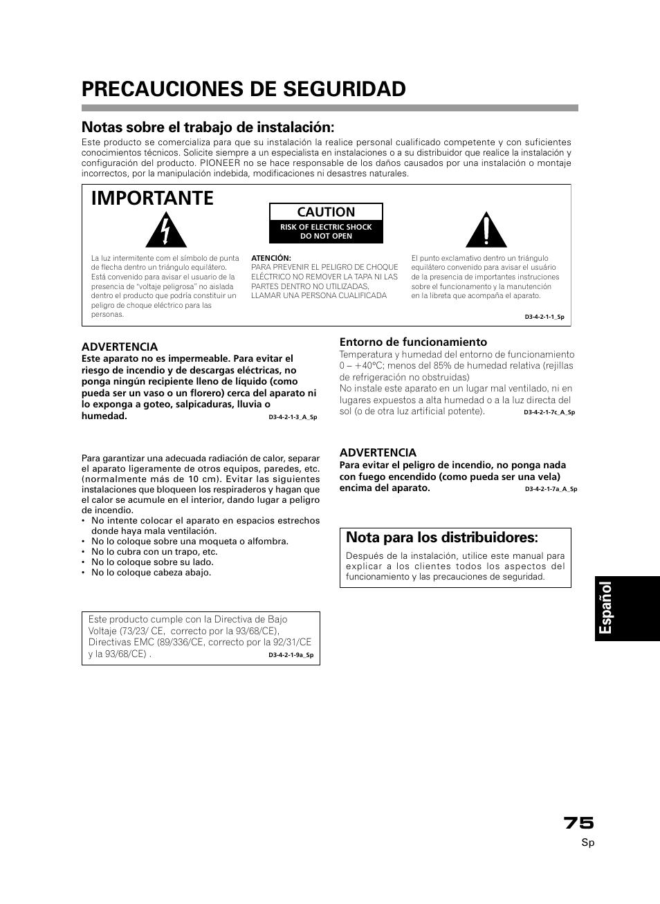Precauciones de seguridad, Importante, English français deutsch italiano | Español, Notas sobre el trabajo de instalación, Nota para los distribuidores | Pioneer PDK-50HW3 User Manual | Page 62 / 99