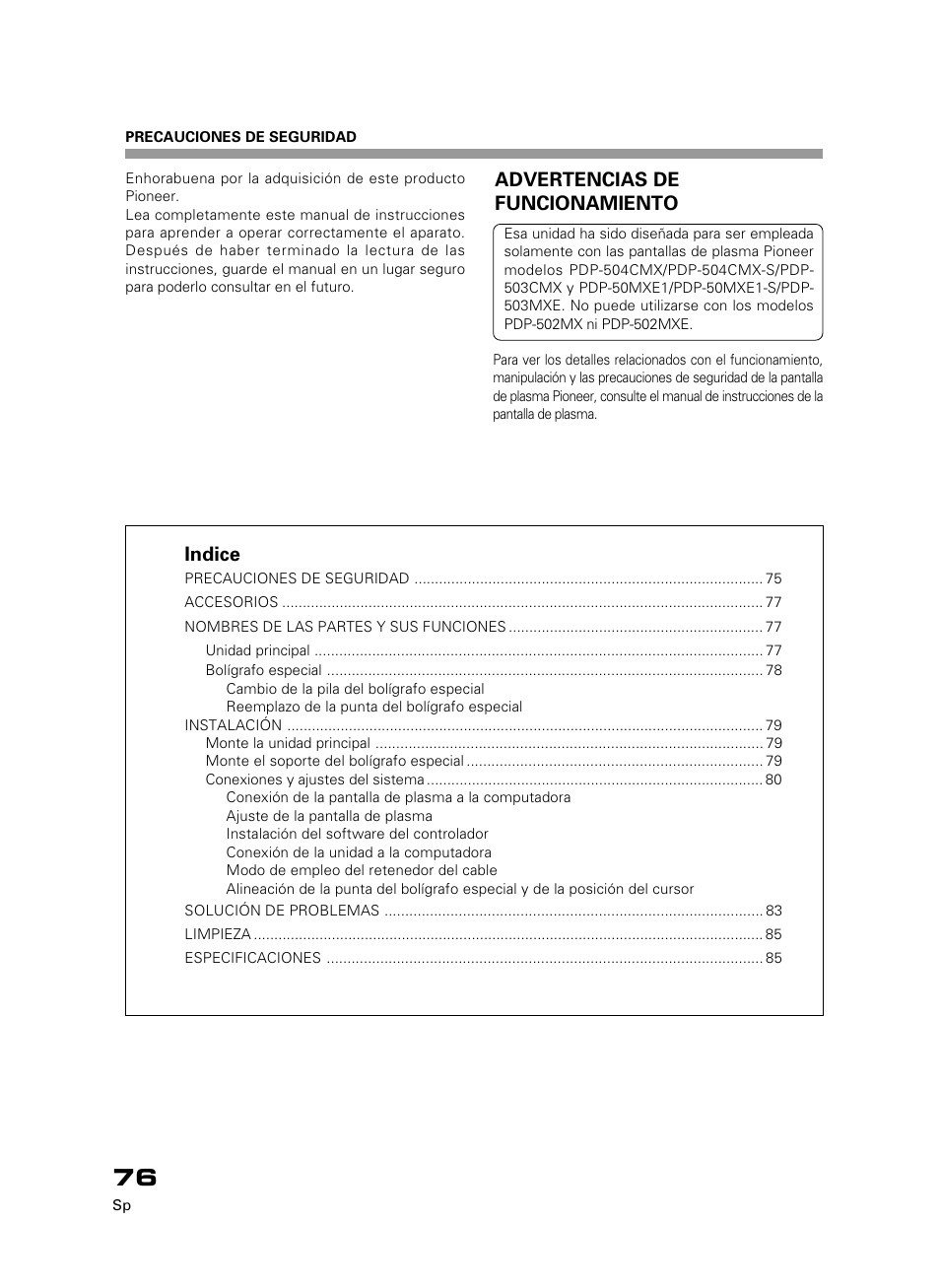 Indice, Advertencias de funcionamiento | Pioneer PDK-50HW3 User Manual | Page 63 / 99