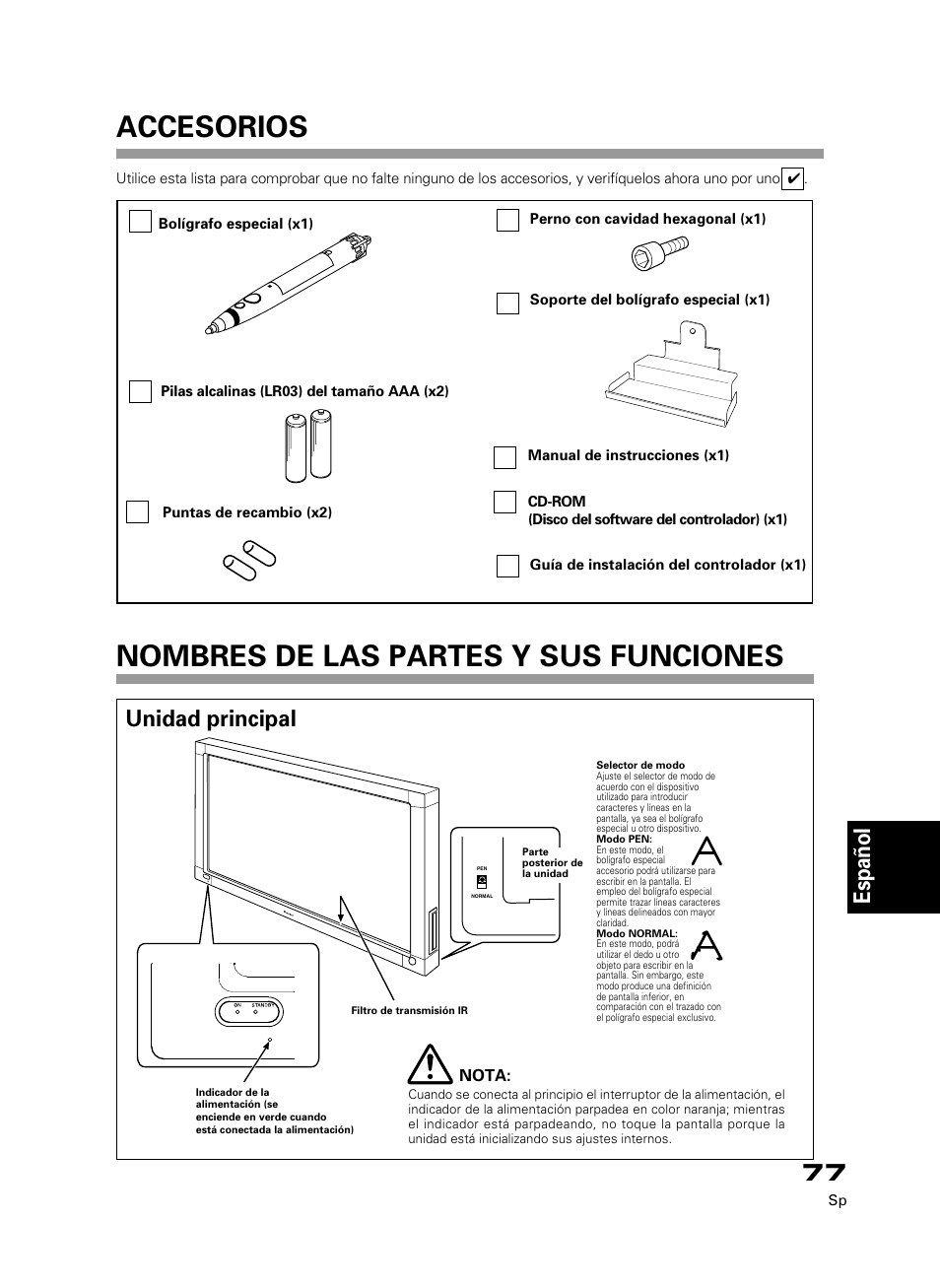 Accesorios nombres de las partes y sus funciones, English français deutsch italiano, Español | Unidad principal | Pioneer PDK-50HW3 User Manual | Page 64 / 99