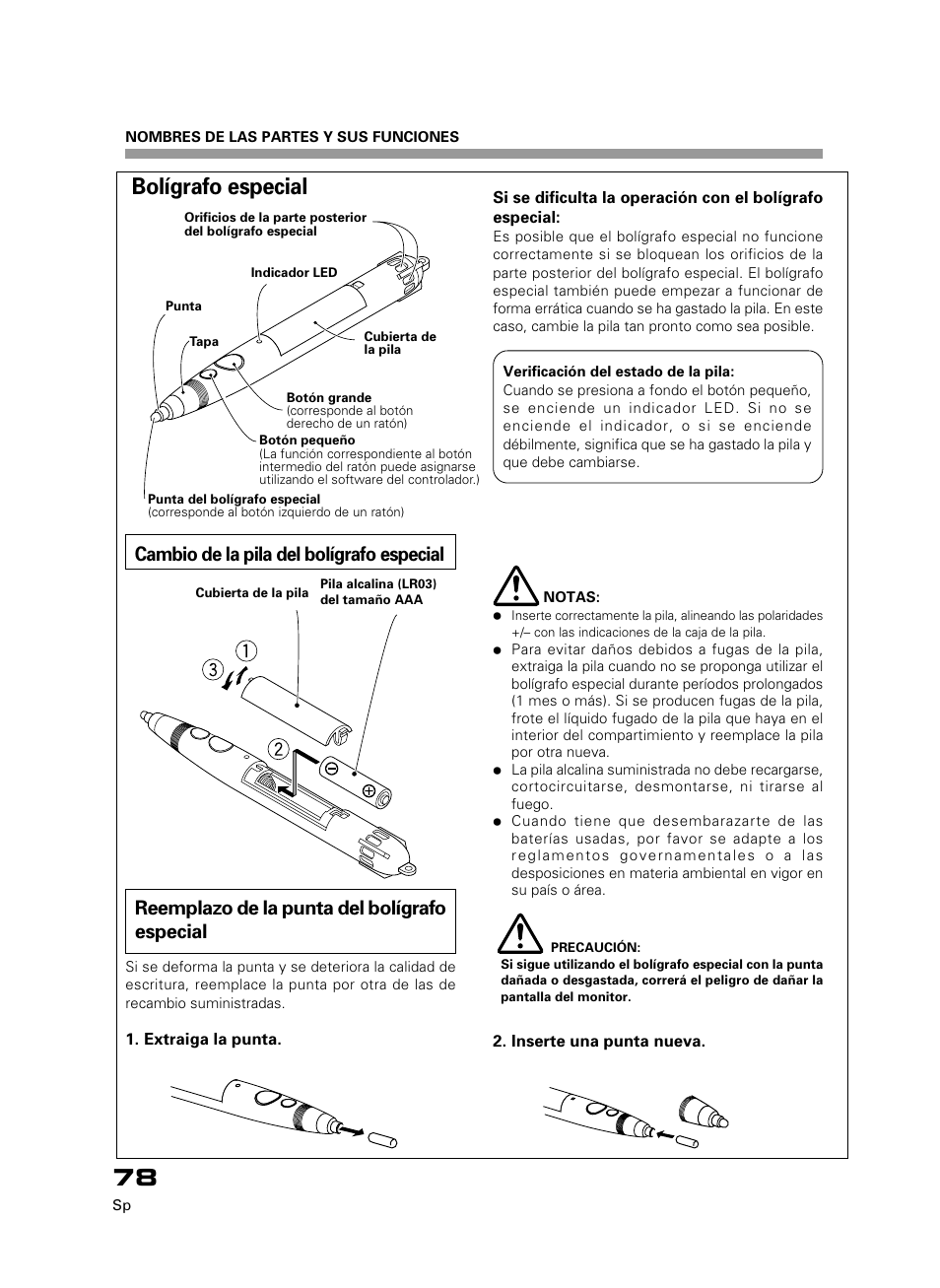 Bolígrafo especial, Cambio de la pila del bolígrafo especial, Reemplazo de la punta del bolígrafo especial | Pioneer PDK-50HW3 User Manual | Page 65 / 99