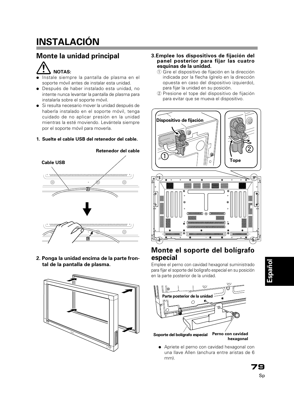 Instalación, English fran çais deutsch italiano, Espa ñ ol | Monte la unidad principal, Monte el soporte del bolígrafo especial | Pioneer PDK-50HW3 User Manual | Page 66 / 99