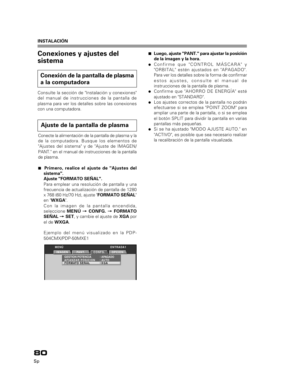 Conexiones y ajustes del sistema, Conexión de la pantalla de plasma a la computadora, Ajuste de la pantalla de plasma | Pioneer PDK-50HW3 User Manual | Page 67 / 99