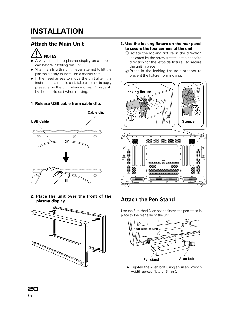 Installation, Attach the pen stand, Attach the main unit | Pioneer PDK-50HW3 User Manual | Page 7 / 99