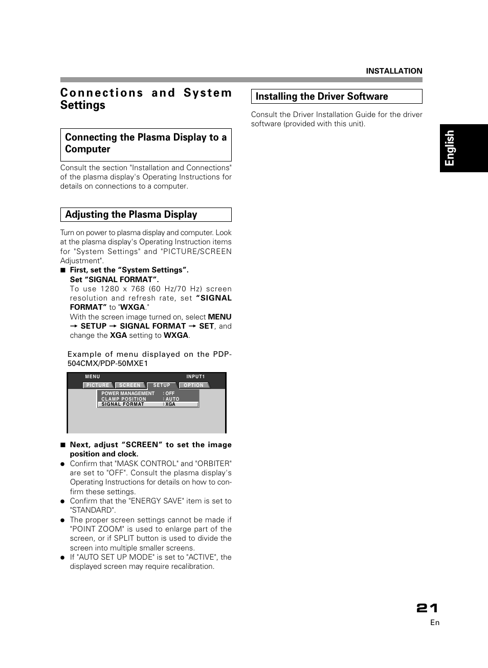 English fran çais deutsch italiano, Espa ñ ol chinese, Nederlands | Connecting the plasma display to a computer, Adjusting the plasma display, Installing the driver software | Pioneer PDK-50HW3 User Manual | Page 8 / 99