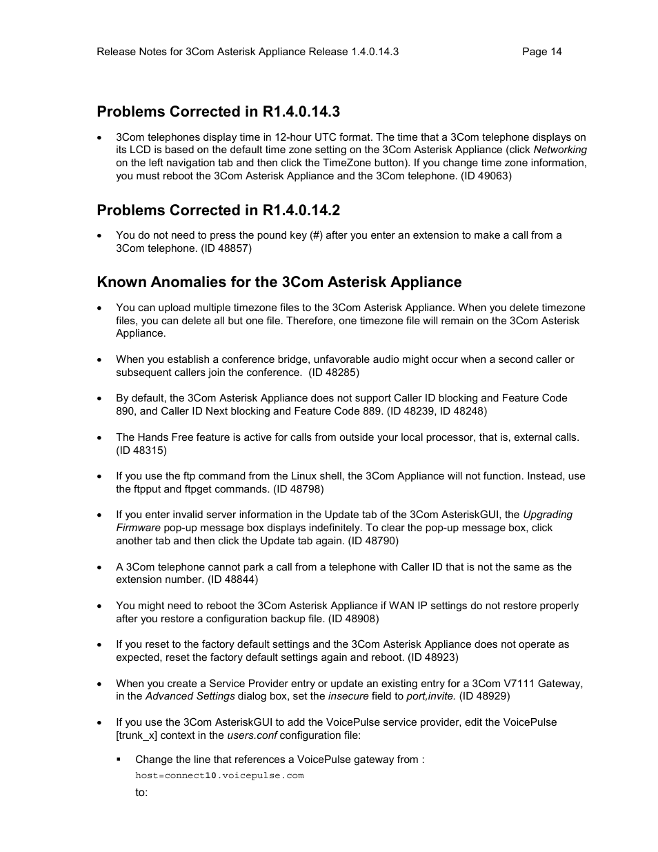 Problems corrected in r1.4.0.14.3, Problems corrected in r1.4.0.14.2, Known anomalies for the 3com asterisk appliance | 3Com Notes for 3Com User Manual | Page 14 / 16