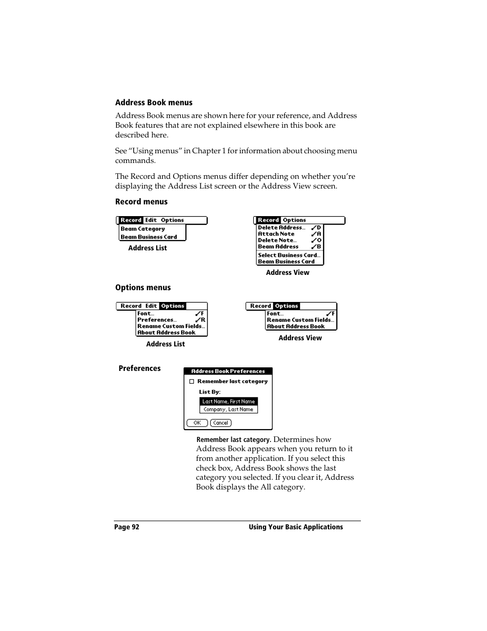 Address book menus, Record menus, Options menus | 3Com TRGpro User Manual | Page 100 / 260