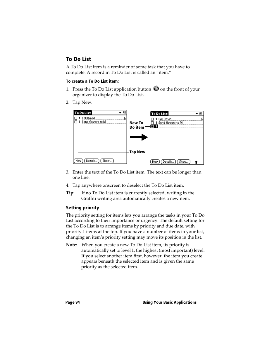 To do list, To create a to do list item, Setting priority | 3Com TRGpro User Manual | Page 102 / 260