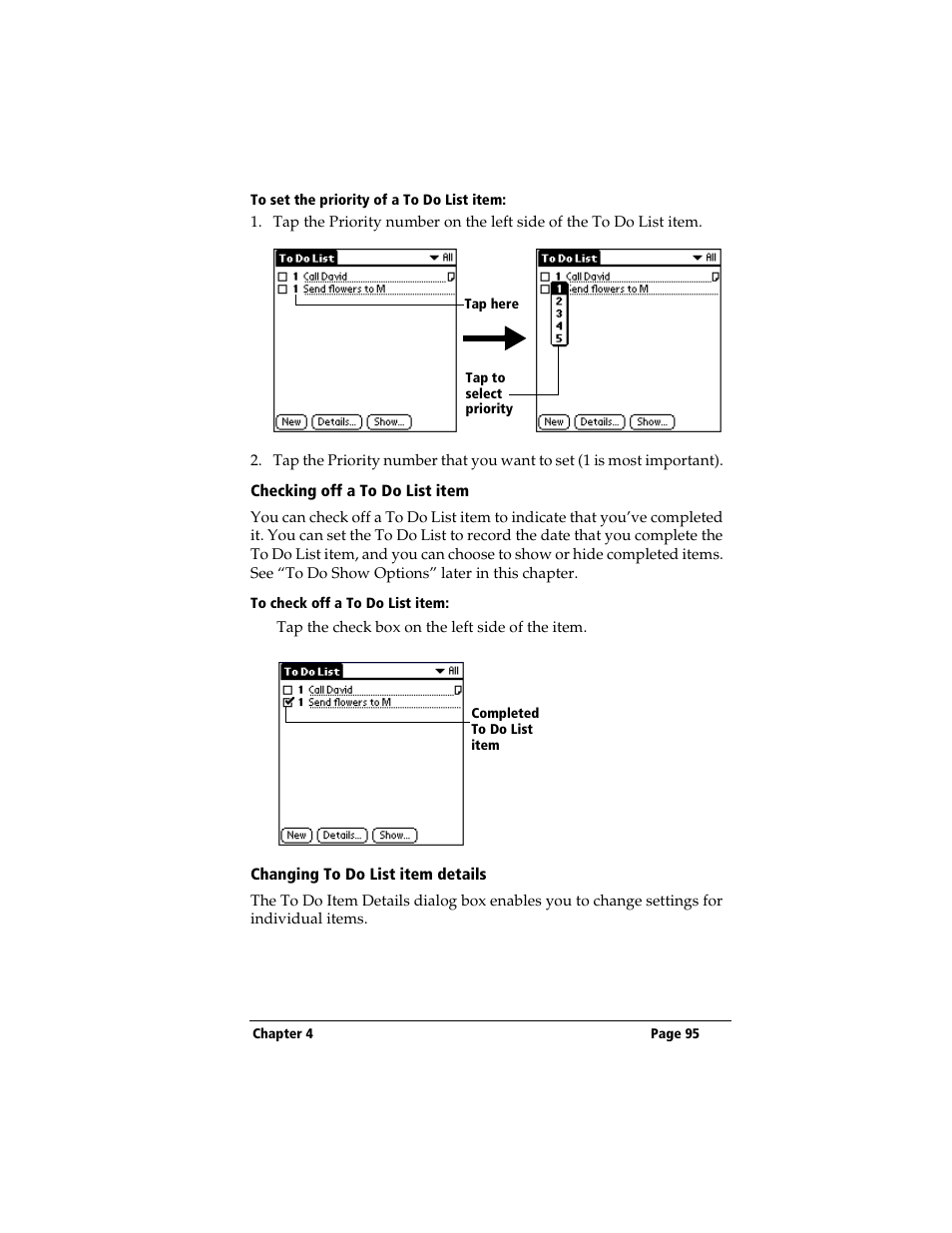 To set the priority of a to do list item, Checking off a to do list item, To check off a to do list item | Changing to do list item details | 3Com TRGpro User Manual | Page 103 / 260