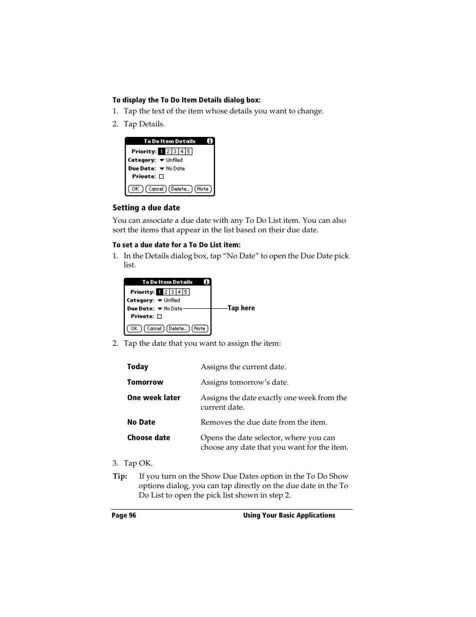 To display the to do item details dialog box, Setting a due date, To set a due date for a to do list item | 3Com TRGpro User Manual | Page 104 / 260