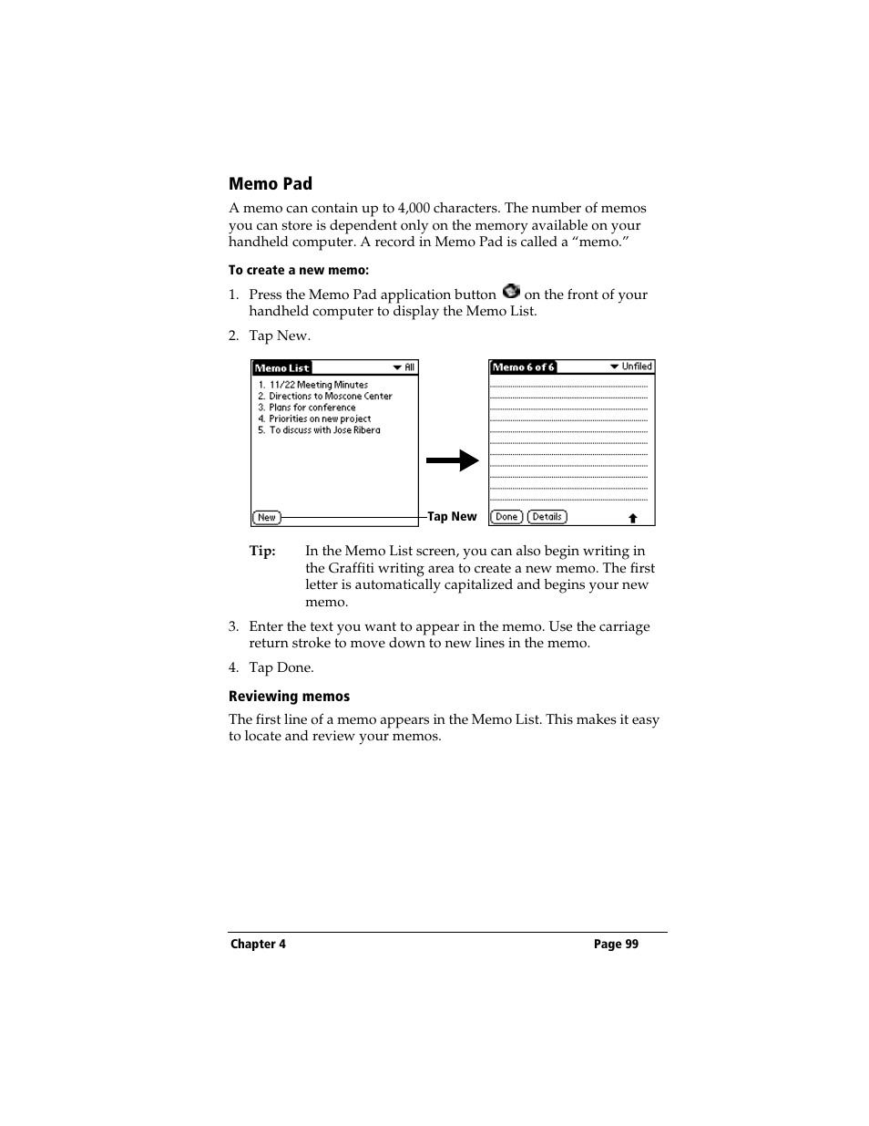 Memo pad, To create a new memo, Reviewing memos | 3Com TRGpro User Manual | Page 107 / 260