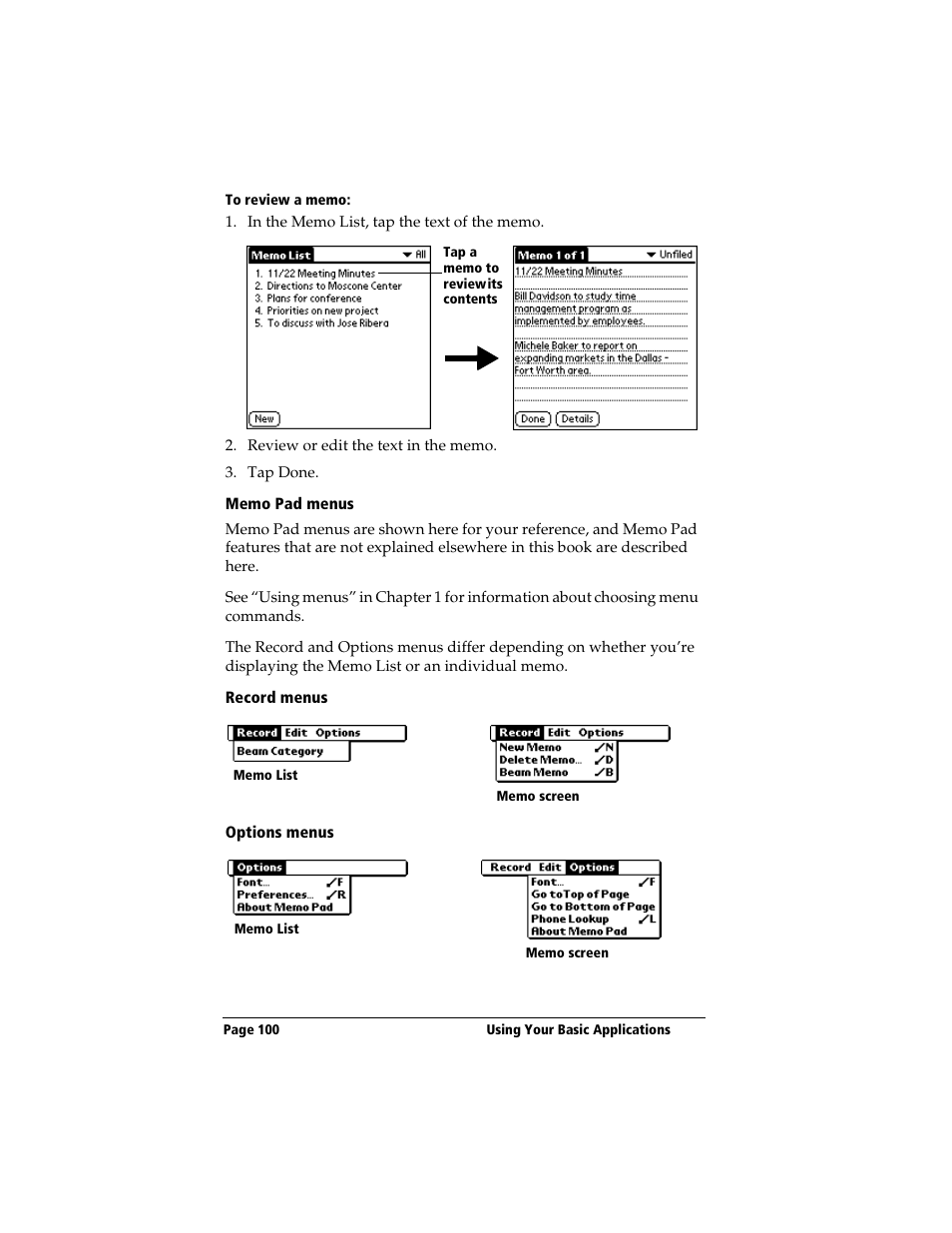 To review a memo, Memo pad menus, Record menus | Options menus | 3Com TRGpro User Manual | Page 108 / 260